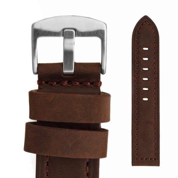 Uhrarmband 22 Leder dunkelbraun - Schließe massiv - Fliegeruhren Retro